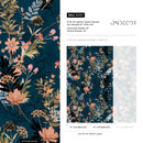 Floral Wallpaper with a Moody Wildflower Motif in Dark Teal, Light Orange, and Tan - A572