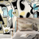 Modern Abstract Wallpaper with a Modern Face Collage in Black, Blue, and Yellow - D591