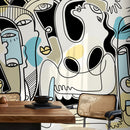 Modern Abstract Wallpaper with a Modern Face Collage in Black, Blue, and Yellow - D591