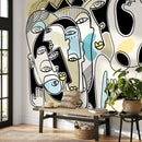 Modern Abstract Wallpaper with a Modern Face Collage in Black, Blue, and Yellow - D591