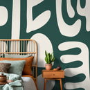 Abstract Wallpaper Featuring Large Fluid Forms in Green and White - D592