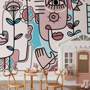 Modern Wallpaper with Surrealist Faces and Florals in Pink and Blue - D598