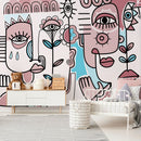 Modern Wallpaper with Surrealist Faces and Florals in Pink and Blue - D598