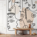 Modern Wallpaper with Line Art Faces in Black and Beige - D602