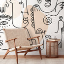 Modern Wallpaper with Line Art Faces in Black and Beige - D602
