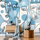 Abstract Wallpaper Featuring Modern Line Art Faces in Light Blue and Black - D606