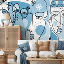 Abstract Wallpaper Featuring Modern Line Art Faces in Light Blue and Black - D606
