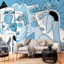 Abstract Wallpaper Featuring Modern Line Art Faces in Light Blue and Black - D606