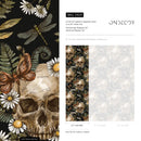 Gothic Wallpaper with Skulls, Ferns, and Daisies in Black, Green, and Brown - D829