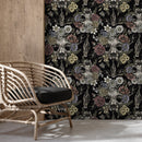 Gothic Wallpaper with Floral Skulls in Muted Rose, Yellow, and Purple - D832