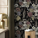 Gothic Wallpaper with Floral Skulls in Muted Rose, Yellow, and Purple - D832