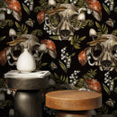 Gothic Wallpaper Featuring Animal Skulls and Mushrooms in Black and Red - D833