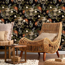 Gothic Wallpaper Featuring Animal Skulls and Mushrooms in Black and Red - D833