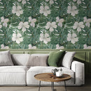 Tropical Wallpaper with White Hibiscus and Palm Leaves in Green and White - D957