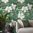 Tropical Wallpaper with White Hibiscus and Palm Leaves in Green and White - D957