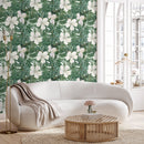 Tropical Wallpaper with White Hibiscus and Palm Leaves in Green and White - D957