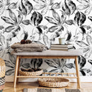 Botanical Wallpaper Featuring Painted Leaves in Black and White - D958