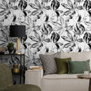 Botanical Wallpaper Featuring Painted Leaves in Black and White - D958