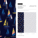 Nautical Wallpaper Featuring a Fleet of Sailboats in Navy Blue, Yellow, and Coral - B244