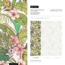 Tropical Wallpaper with Hibiscus and Palm Leaves in Rose, Green, and Yellow - B291
