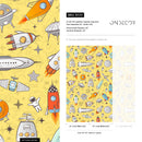 Kids Wallpaper with a Doodle Spaceship Motif in Yellow, Blue, and Orange - B539