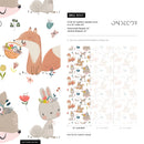 Animal Wallpaper with Floral Woodland Creatures in Brown, Pink, and Teal - B547