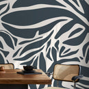 Modern Abstract Wallpaper with Bold Organic Shapes in Deep Blue and Off-White - D631