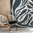 Modern Abstract Wallpaper with Bold Organic Shapes in Deep Blue and Off-White - D631