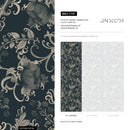 Art Nouveau Wallpaper with Vintage Floral Scrolls in Navy and Beige - C791