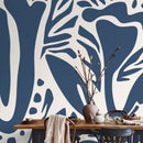 Abstract Wallpaper with Bold Organic Shapes in Dark Blue and Beige - D633