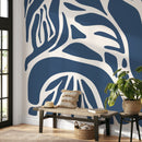 Abstract Wallpaper with Bold Organic Shapes in Dark Blue and Beige - D633