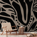 Abstract Wallpaper with Bold Botanical Forms in Black and Taupe - D634