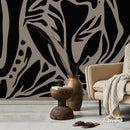 Abstract Wallpaper with Bold Botanical Forms in Black and Taupe - D634