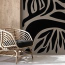 Abstract Wallpaper with Bold Botanical Forms in Black and Taupe - D634