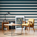 Striped Wallpaper with a Bold Horizontal Pattern in Dark Teal and Cream - D729