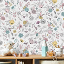 Floral Wallpaper with Hand-Drawn Blooms in Pink, Blue, and Yellow - A890