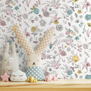 Floral Wallpaper with Hand-Drawn Blooms in Pink, Blue, and Yellow - A890
