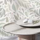 Abstract Wallpaper with a Leaf Motif in Sage, Beige, and Gray - D724