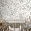 Abstract Wallpaper with a Leaf Motif in Sage, Beige, and Gray - D724