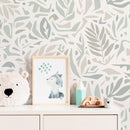 Abstract Wallpaper with a Leaf Motif in Sage, Beige, and Gray - D724