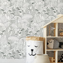 Mushroom Wallpaper with a Line Art Motif in Green - D812