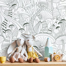 Mushroom Wallpaper with a Line Art Motif in Green - D812