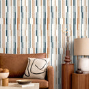 Rhythmic Lines Wallpaper in Blue, Terracotta, and Beige - D743