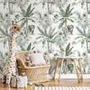 Jungle Wallpaper with a Watercolor Tiger and Palm Trees in Sage Green - D646