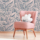 Botanical Wallpaper with Overlapping Leaves in Blue and Beige - D652