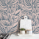 Botanical Wallpaper with Overlapping Leaves in Blue and Beige - D652
