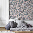 Botanical Wallpaper with Overlapping Leaves in Blue and Beige - D652