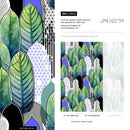 Botanical Wallpaper with Abstract Leaves in Green, Blue, and Black - A502
