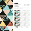 Geometric Wallpaper with a Tropical Triangle Motif in Teal, Coral, and Yellow - A599