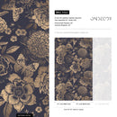 Floral Wallpaper with Vintage Peonies and Butterflies in Gold and Dark Blue - A922